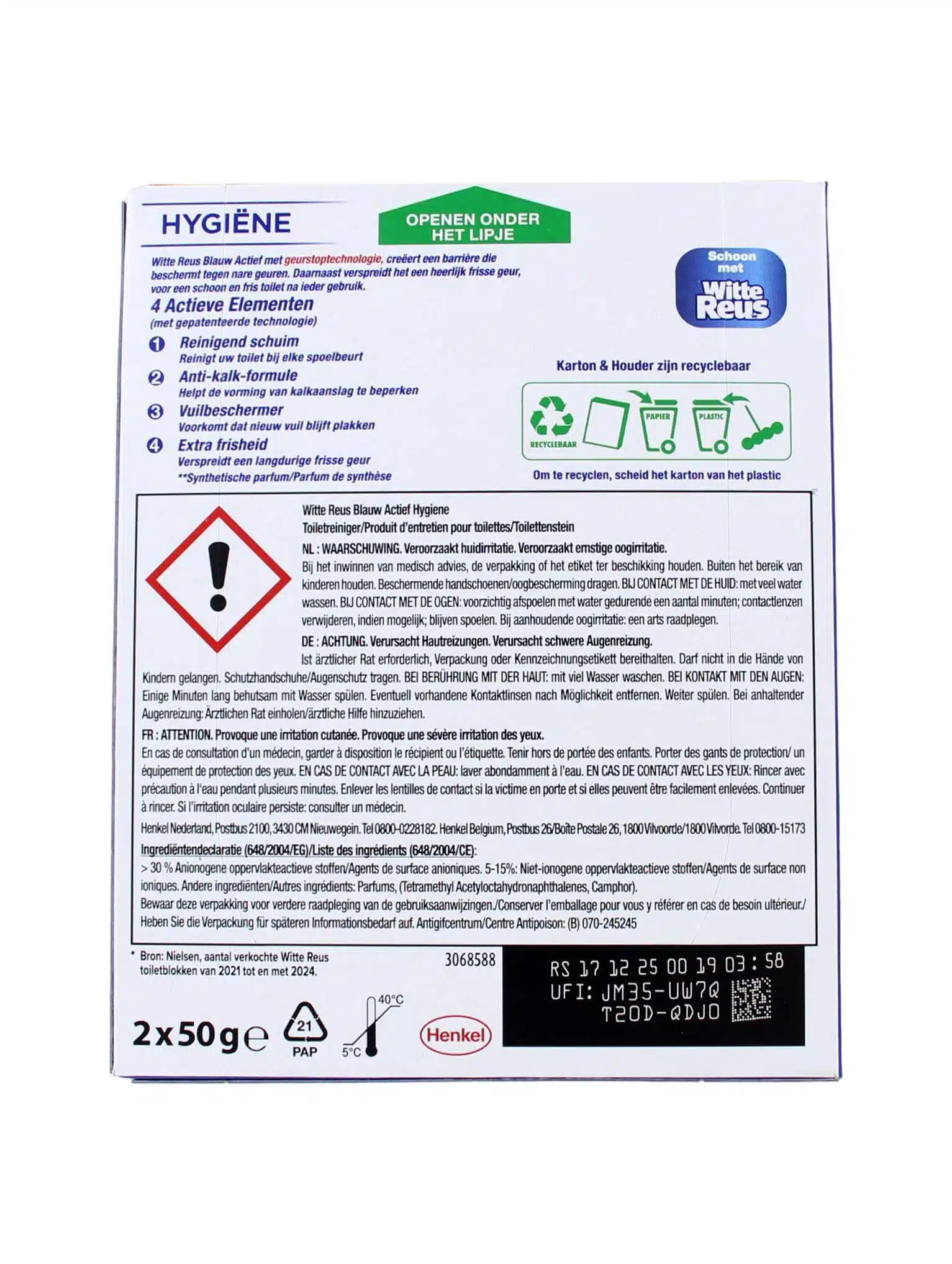 Witte Reus Flush Blauw Actief+ Hygiene, 2x50 Gram